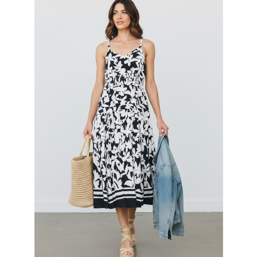 Skies Are Blue Dress Black White Floral Smocked Midi Dress Size M NWT